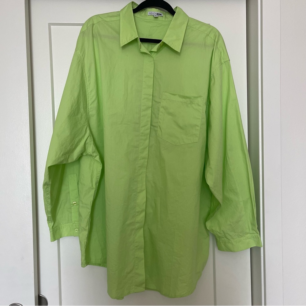 Fashionnova Neon Green Button Up Cotton Shirt Size XL